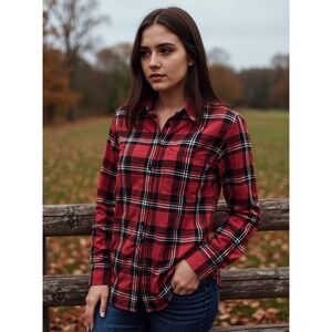 Womens Plaid Flannel Shirt Red Black White Long Sleeve Button Up Casual Top